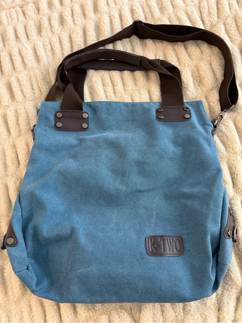Blue Canvas Tote with Brown Trim and Straps